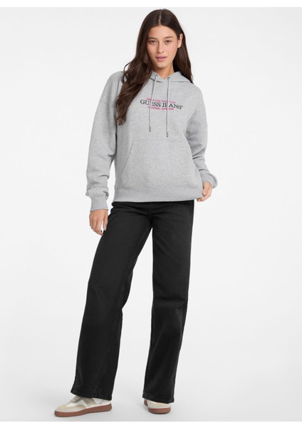 Kapüşon Yaka Baskılı Gri Kadın Sweatshırt Guess Jeans Kadın Sweat