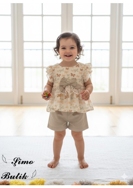 Kız Bebek Şortlu Takım Keten