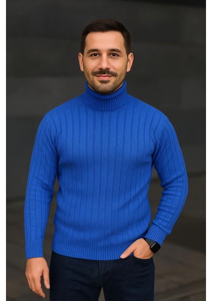 Erkek Balıkcı Yaka Bağazlı Triko Kazak Pamuklu Kalın Fitilli Dokuma, Regular Fit Uzun Kollu Kışlık Model - Saks Mavisi modelleri