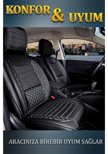 Geely Emgrand Deri Oto Koltuk Kılıfı Ön Arka Set Plus Serisi Siyah Beyaz Scr