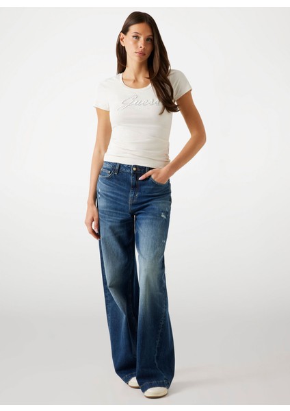 Yuvarlak Yaka Baskılı Bej Kadın T-Shirt Embro Kadın Slim Fit T-Shirt