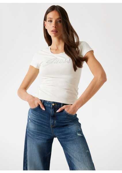 Yuvarlak Yaka Baskılı Bej Kadın T-Shirt Embro Kadın Slim Fit T-Shirt fiyatları