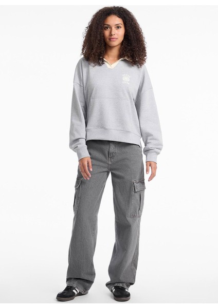 Gömlek Yaka Baskılı Gri Kadın Sweatshırt Guess Jeans Kadın Sweatshirt