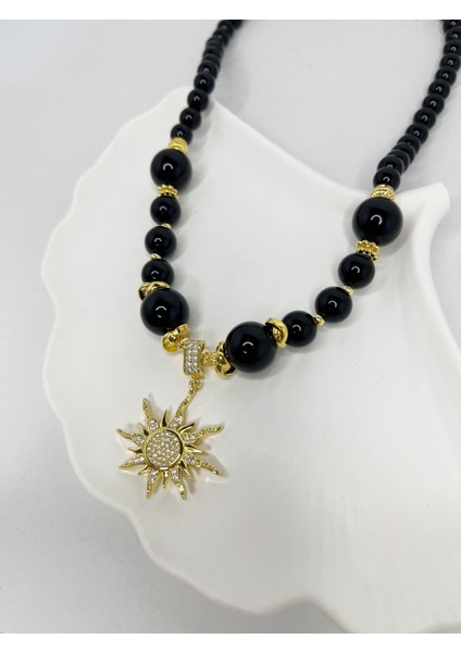 Zirkon Taşlı Güneş Uçlu Siyah Inci Kolye fiyatları