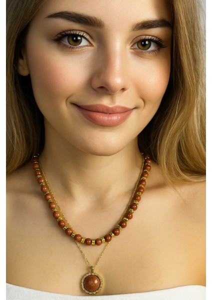 Simli Doğal Taşlı 2’li Kolye