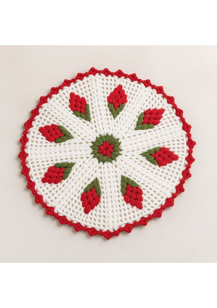 El Yapımı Kırmızı Çiçek Desenli Yuvarlak Çok Amaçlı – Özel Tasarım El Örgüsü Banyo Lifi/motif