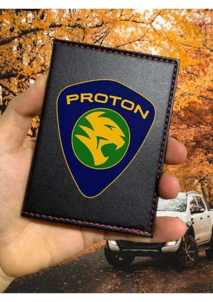Proton Desenli Ruhsat Kabı Logolu Oto Ruhsat Kılıfı Vinleks Deri Dikişli Araç Ruhsat Koruyucu