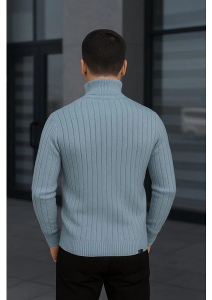 Erkek Balıkcı Yaka Bağazlı Triko Kazak Pamuklu Kalın Fitilli Dokuma, Regular Fit Uzun Kollu Kışlık Model - Bebe Mavisi fiyatları