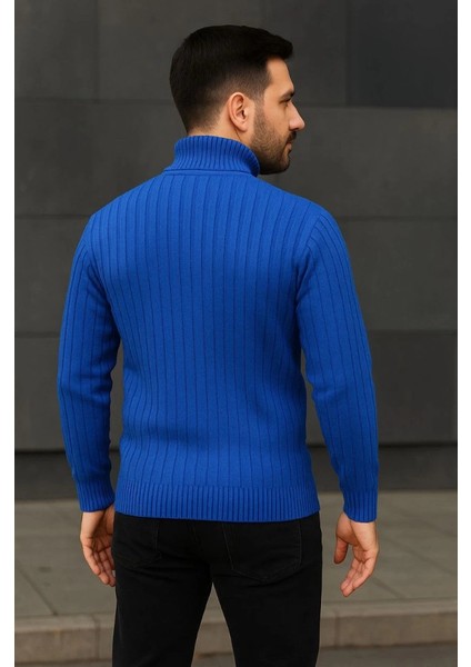 Erkek Balıkcı Yaka Bağazlı Triko Kazak Pamuklu Kalın Fitilli Dokuma, Regular Fit Uzun Kollu Kışlık Model - Saks Mavisi fiyatları