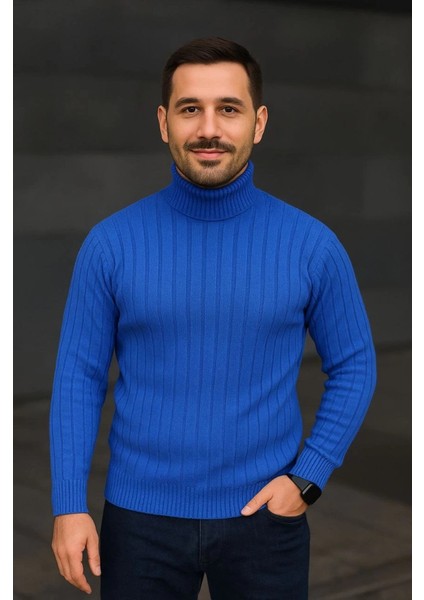 Erkek Balıkcı Yaka Bağazlı Triko Kazak Pamuklu Kalın Fitilli Dokuma, Regular Fit Uzun Kollu Kışlık Model - Saks Mavisi modelleri