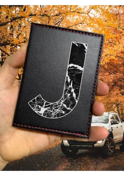 J Harfi Mermer Ruhsat Kabı Logolu Oto Ruhsat Kılıfı Vinleks Deri Dikişli Araç Ruhsat Koruyucu