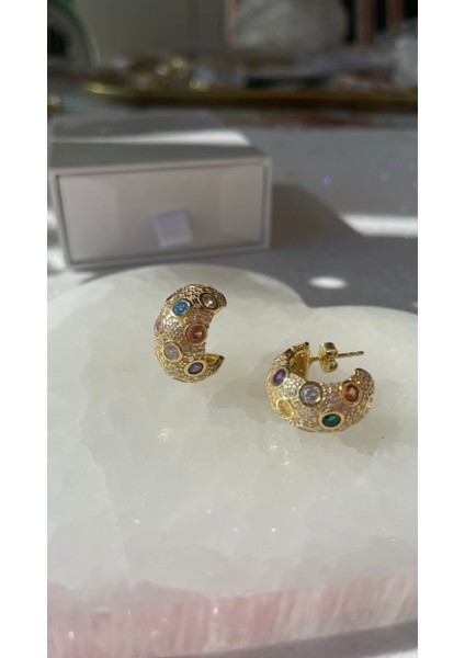 Full Taşlı Renkli Kuş Gözlü Yarım Halka Tombul Küpe