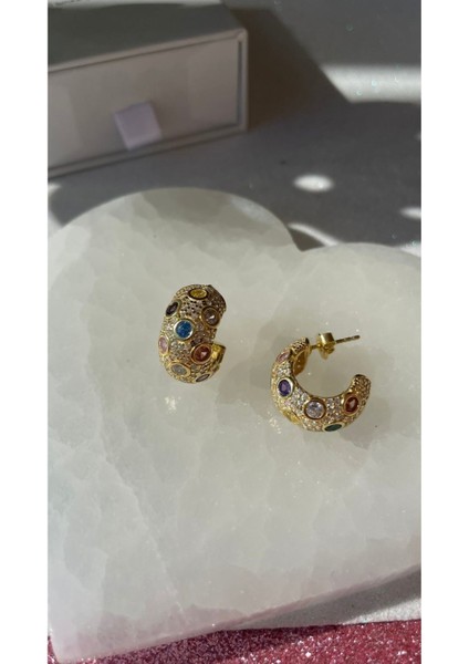 Full Taşlı Renkli Kuş Gözlü Yarım Halka Tombul Küpe fiyatları