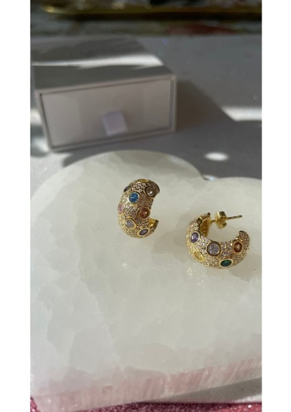 Full Taşlı Renkli Kuş Gözlü Yarım Halka Tombul Küpe indirimleri