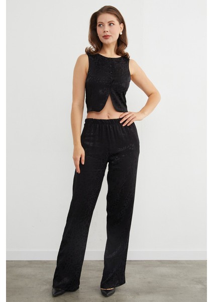 Leopar Desenli Saten Yelek Pantolon Takım