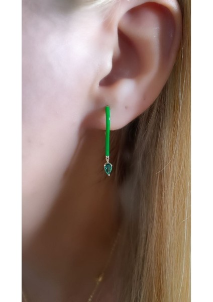 Altın Kaplama Koyu Yeşil Mineli Damla Model Halka Küpe 925 Ayar Gümüş Tek Adet