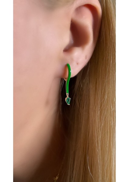 Altın Kaplama Koyu Yeşil Mineli Damla Model Halka Küpe 925 Ayar Gümüş Tek Adet modelleri