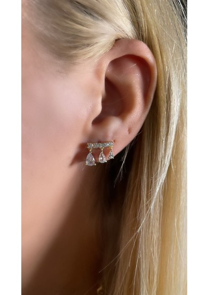 Altın Kaplama 3'lü Damla Model Minimal Küpe 925 Ayar Gümüş Tek Adet