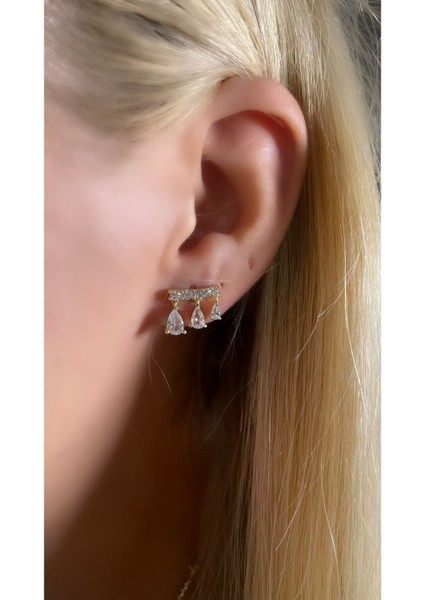 Altın Kaplama 3'lü Damla Model Minimal Küpe 925 Ayar Gümüş Tek Adet modelleri