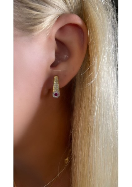 Altın Kaplama Yakut Renk Taşlı Ruby Orta Boy Küpe 925 Ayar Gümüş fiyatları