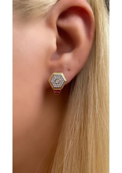 Altın Kaplama Yakut Renk Taşlı Ruby Altıgen Model Küpe 925 Ayar Gümüş