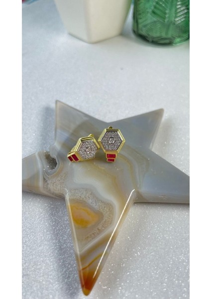 Altın Kaplama Yakut Renk Taşlı Ruby Altıgen Model Küpe 925 Ayar Gümüş fiyatları