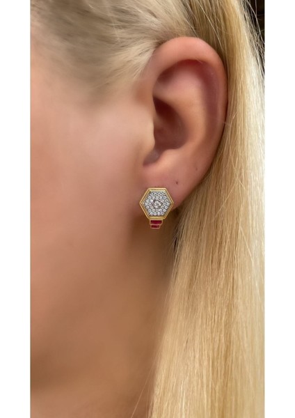 Altın Kaplama Yakut Renk Taşlı Ruby Altıgen Model Küpe 925 Ayar Gümüş modelleri