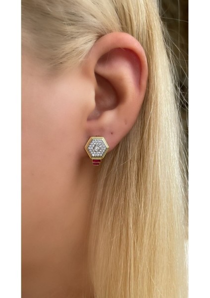 Altın Kaplama Yakut Renk Taşlı Ruby Altıgen Model Küpe 925 Ayar Gümüş fırsatları