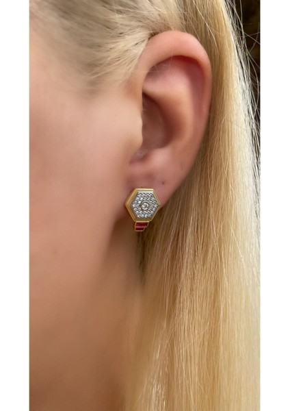 Altın Kaplama Yakut Renk Taşlı Ruby Altıgen Model Küpe 925 Ayar Gümüş indirimleri