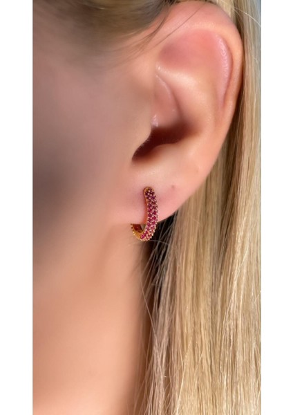 Fuşya Pembe Renk Zirkon Taşlı Orta Boy Altın Kaplama Halka Küpe 925 Ayar Gümüş Tek Adet