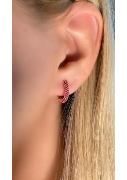 Fuşya Pembe Renk Zirkon Taşlı Orta Boy Altın Kaplama Halka Küpe 925 Ayar Gümüş Tek Adet fiyatları