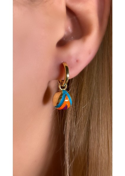 Renkli Mineli Yuvarlak Halka Altın Kaplama Küpe 925 Ayar Gümüş Tek Adet (Turkuaz, Turuncu, Eflatun)