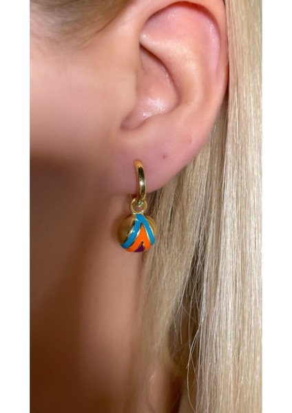 Renkli Mineli Yuvarlak Halka Altın Kaplama Küpe 925 Ayar Gümüş Tek Adet (Turkuaz, Turuncu, Eflatun) modelleri