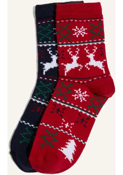 Kız Çocuk Yılbaşı Temalı 2'li Pamuklu Uzun Çorap G3870A8NS