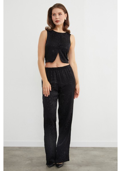 Leopar Desenli Saten Yelek Pantolon Takım