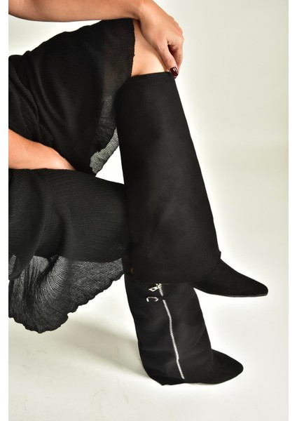 V380526402 Siyah Süet Düz Taban Fermuar Detaylı Kadın Çizme modelleri