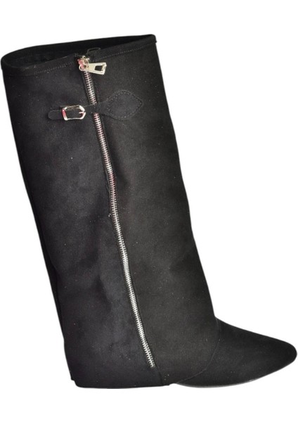 V380526402 Siyah Süet Düz Taban Fermuar Detaylı Kadın Çizme fırsatları