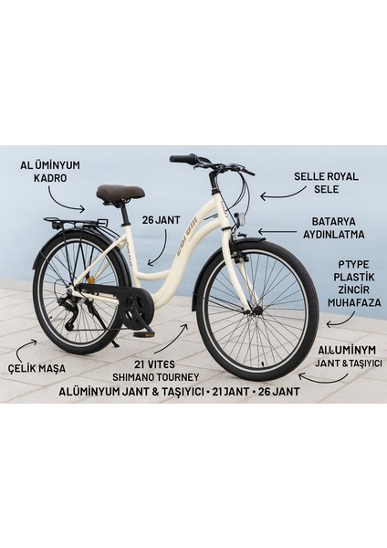 Glowie 26 Jant 21 Vites Şehir Bisikleti – Alüminyum Kadro – V Fren Krem Renk fırsatları