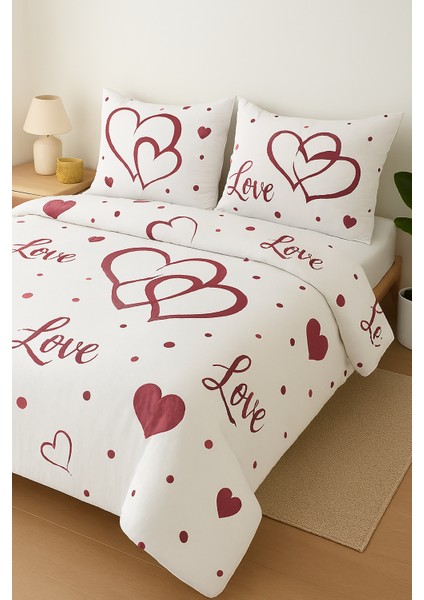 Shito Nevresim Takımı, Çift Kişilik Nevresim, Love Temalı, Kalpli, 220X200CM, Pamuklu, Yerli Üretim