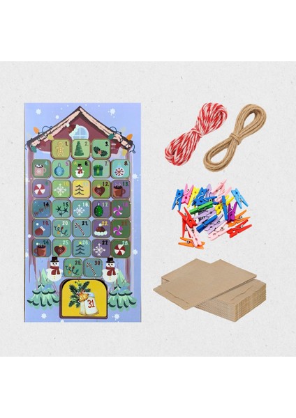 Yılbaşı Advent Takvimi Hediye Seti, Sticker-Kraft Kese Kağıdı-Renkli Ahşap Mandal-Jüt&twine Baker Ip