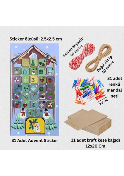 Yılbaşı Advent Takvimi Hediye Seti, Sticker-Kraft Kese Kağıdı-Renkli Ahşap Mandal-Jüt&twine Baker Ip fiyatları