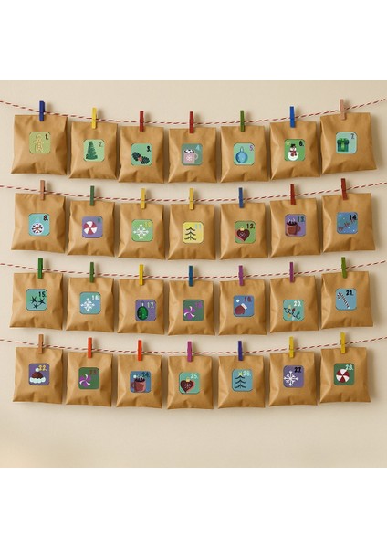 Yılbaşı Advent Takvimi Hediye Seti, Sticker-Kraft Kese Kağıdı-Renkli Ahşap Mandal-Jüt&twine Baker Ip modelleri