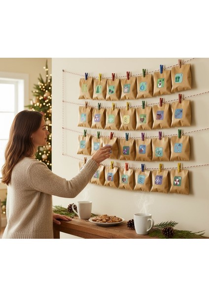 Yılbaşı Advent Takvimi Hediye Seti, Sticker-Kraft Kese Kağıdı-Renkli Ahşap Mandal-Jüt&twine Baker Ip fırsatları