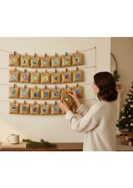 Yılbaşı Advent Takvimi Hediye Seti, Sticker-Kraft Kese Kağıdı-Renkli Ahşap Mandal-Jüt&twine Baker Ip indirimleri