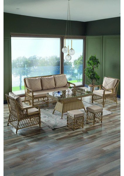 Rattan Edra Bahçe Mobilyası 3+1+1+Camlı Masa Gri- Kemik- Cappucino - B&n Garden