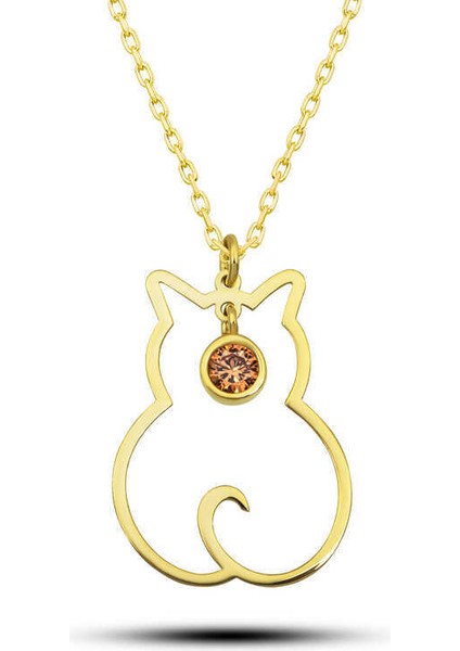 Gümüş Kasım Ayı Doğum Taşı Kedi Kadın Kolye