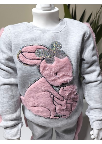 Kız Çocuk Peluş Detaylı Kabartmalı Kalın Takım Cepli %100 Pamuk