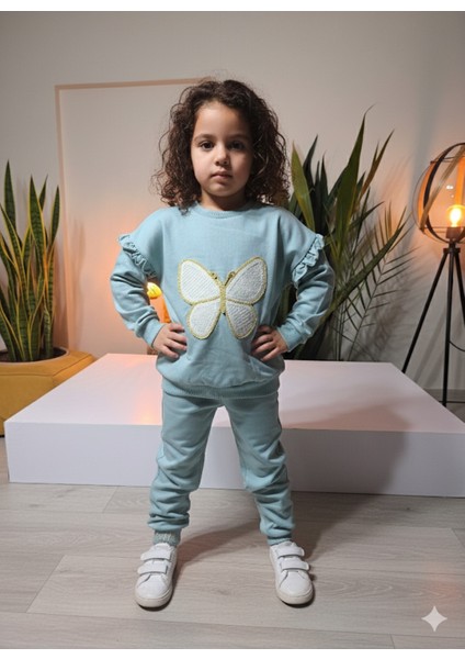 Kız Çocuk Alt Üst Takım Kolu Fırfırlı El Nakışı Kabartma Çiçek %100 Pamuk