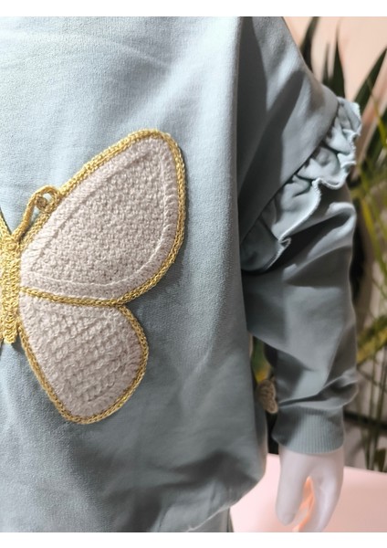 Kız Çocuk Alt Üst Takım Kolu Fırfırlı El Nakışı Kabartma Çiçek %100 Pamuk