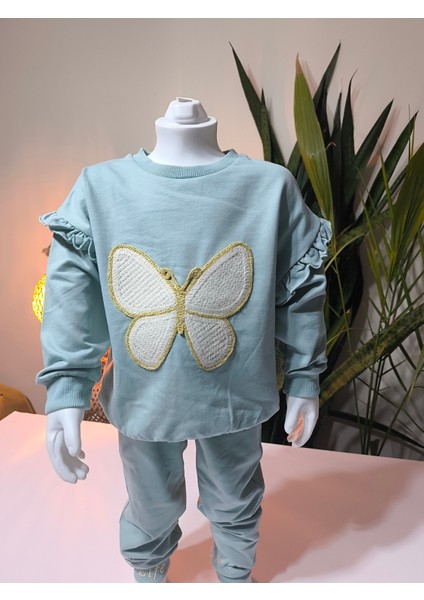 Kız Çocuk Alt Üst Takım Kolu Fırfırlı El Nakışı Kabartma Çiçek %100 Pamuk